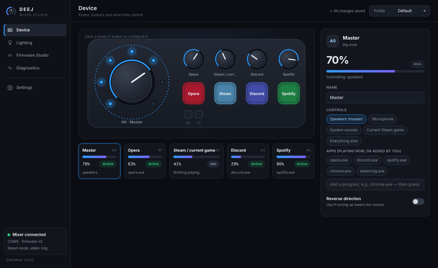 Deej Mixer Studio: device page with live knobs, LEDs and the inspector panel
